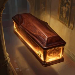 a glowing coffin, floating through a hallway, highly detailed, digital painting, artstation, concept art, smooth, sharp focus, illustration, art by artgerm and greg rutkowski and alphonse mucha