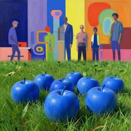 blue apples on the grass by artstation, deviantart, artfol, artbox, cgsociety, gfxartist, artful, zatista, artpal, instagram, blendernation, frank stella, beeple, giger, kopera, zawadzki, abstract, surreal, surrealism,, hyperrealism, futurism 4 k, octane render