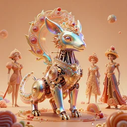 iridescent opalescent cyborg animal in candyland, warm tones : by michal karcz, daniel merriam, victo ngai and guillermo del toro : ornate, dynamic, particulate, intricate, elegant, highly detailed, centered, artstation, smooth, sharp focus, octane render