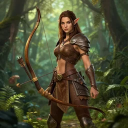 Gorgeous Jungle Ranger, brown armor, thick bow, ornamental arrows, savage, pretty face, leggings, high fantasy, elf, brown hair, artstation