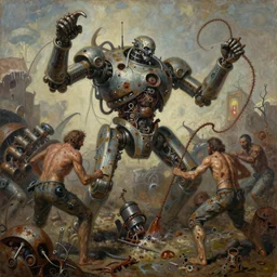 oil paint of flayed god machines, in a cluster battle chaos, intricately macerated by age, sentient, dethroned goliath machine, whipping blood turbines, hydrocracking battles, rusted, macerated, eviscerated by fimbria wires, bicornate fungal pit, wire whip, rotting, by alberto bontempi, alex ross, shigeru