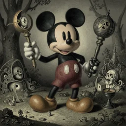 rugged mickey mouse dark ritual renaissance mysterious magical object illustrated by by goya and escher and hogarth, inspired by magritte, illusion surreal art, highly conceptual figurative art, intricate detailed illustration, flat acrylic painting, monumental dynamic illustration, surreal art, detailed illustration