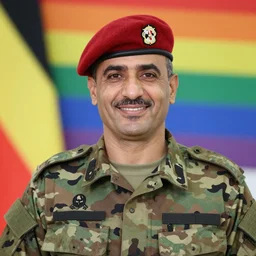 professional portrait of a smiling middle aged arab man wearing military camouflage and a red beret, rainbow background, 8 k, intricate, detailed,