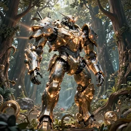 military mech covered in armor with elden ring aesthetic, glowing lights, beautiful forests and trees, intricate detail, epic wallpaper, art by darek zabrocki and John Park and Feng Zhu and Jason Chan, trending on artstation, masterpiece.