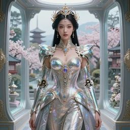 porttait of a beautiful celestial Brazilian Japanese pearlescent multiversal Goddess wearing a futuristic luxurious Renaissance suit exposed in cryo chambers, ethereal and mecha theme, intricate, elegant, highly detailed, centered, digital painting, lush Japanese landscape, sakura season, Kyoto inspired, artstation, concept art, smooth, sharp focus, illustration, by James Jean, close-up, feminine slim figure, fancy