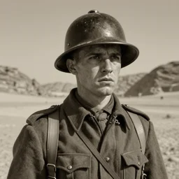 a detailed photorealistic sepia - toned color portrait painting of a 1 9 1 7 worried clean - shaven british lieutenant in detailed field gear wearing a finely - detailed pith helmet in wadi rum, ultra realistic, intricate details, lovecraft, atmospheric, dark, horror, brooding, highly detailed, by clyde caldwell