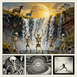 Skeletons dancing in front of a waterfall, infographic for imaginary animals, golden hour, backlit by an alien planet, sharp focus, psychedelic LSD manga, gauche on paper by salvidor dali, abstract oil painting by Raqib Shaw, MC Escher illustration