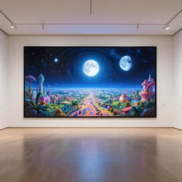 large rectangular gallery hall with a large screen on the wall, cyberspace, moonlight, art station, detailed, colorful, symmetrical