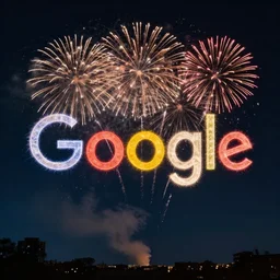 the google logo in the night sky made out of fireworks