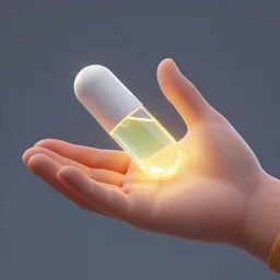 hand holding medical pill filled with glowing liquid, 3 d octane render, v ray collection, nvidia, artstation, realistic, detailed digital art.