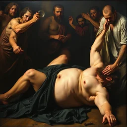 obese alex jones falls over, painted by caravaggio
