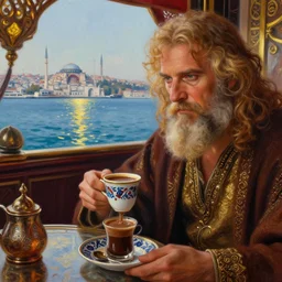 close up painting of elrond and aragorn having a cup of turkish coffee in a coffee house overlooking the bosphorus strait in istanbul, cinecolor, lumen reflections, detailed faces, hypermaximalist, elegant, ornate, fantasy art, by caspar david friedrich, by tolkien