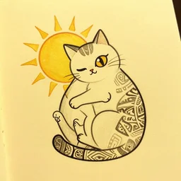 tattoo sketch of a cat, one eye, hugging the sun, on a yellow paper, maori ornament, polinesian style, minimum details, vector