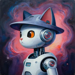 a futuristic robotic cat wearing a hat, medium shot, asymmetrical, profile picture, organic painting, nebula, matte painting, bold shapes, hard edges, street art, trending on artstation, by huang guangjian and gil elvgren and sachin teng