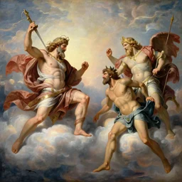 Greek gods fighting in the clouds, classical painting, hd, 4K, majestic, Zeus, hades, Hermes, Poseidon —width 1536