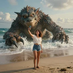 Professional photograph, long shot, Smiling girl taking a selfie with a giant creature washed up on the beach