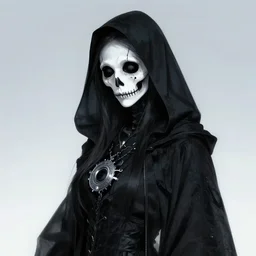 the goddess of death wearing a black hood, in the style of Ross Tran