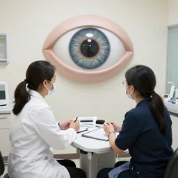 an appointment with an optometrist, but they have a huge eye in place of a head.