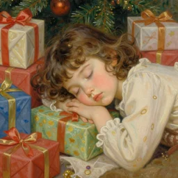 seven year old girl with short wavy curly hair, asleep at christmas. surrounded by gifts. high quality detailed face. beautiful painting by artgerm and greg rutkowski and alphonse mucha