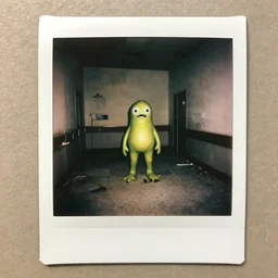 found polaroid photo, flash, interior abandoned hospital, slime mutant creature standing