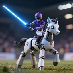 ground level shot of a jockey on a robotic ( my little pony ). the jockey is a robot. laser sword light saber. digital art, professional, high quality, dramatic lighting, dof, bokeh, action