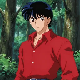 a still of a 90s OVA of a man with black hair wearing a red shirt in a forest