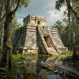 a partially sunken aztec temple in the florida everglades, moss, vines, alligator, foreboding, in the style of a historical illustration