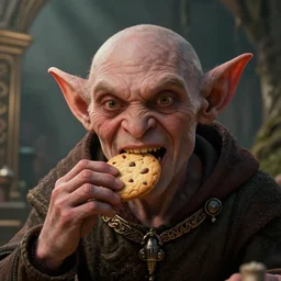 highly detailed closeup portrait of a medieval goblin eating cookies, stephen bliss, unreal engine, greg rutkowski, ilya kuvshinov, ross draws, hyung tae and frank frazetta, tom bagshaw, tom whalen, nicoletta ceccoli, mark ryden, earl norem, global illumination, god rays, detailed and intricate environment