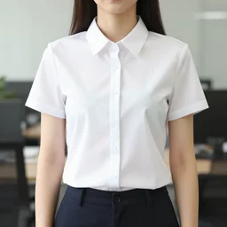 an female wearing a short sleeved white blouse, office backround,