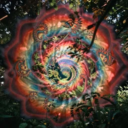 analoge vintage photograph of a nature scene, Trippy lsd art, 70s colors, fractals, film grain, red color bleed