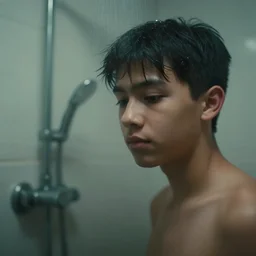 on a shower with a teenager under, depth of field, blur cinematic, 4 k