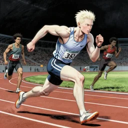 beautiful aesthetic portrait commission of an albino male furry anthro sprinter athlete running 100m on athletic track , hyperdetailed, dark atmosphere. Character design by charlie bowater, ross tran, artgerm, and makoto shinkai, detailed, inked, western comic book art, 2022 award winning painting