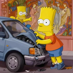 realistic photography of bart simpson involved in a car crush, deep focus, intricate, elegant, highly detailed, digital painting, artstation, concept art, matte, sharp focus, illustration, art by artgerm and greg rutkowski and alphonse mucha