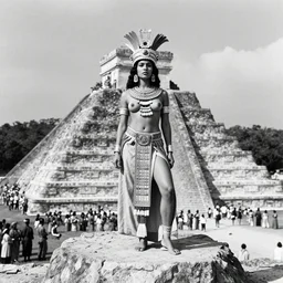full body photo portrait of ancient attractive provocative aztec beauty on top of the stone aztec pyramid as a priest during ritual, masses of people in the distance , old photo, highly detailed, fashion photography,award winning photo, black and white, by Annie Leibovitz, Ansel Adams, Dayanita Singh