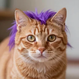 orange cat, with his hair died purple to look like the cheshire cat, photo