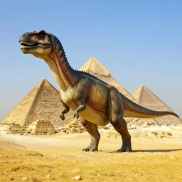 giant dinosaur with spikes guarding the pyramids in an ancient grassy egyptian landscape, from above, high quality digital art, concept art, trending on artstation, award winning, fantasy