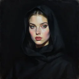 hyperrealism oil painting, portrait, fashion model in black hood, complete darkness, black background, in style of classicism mixed with 8 0 s sci - fi