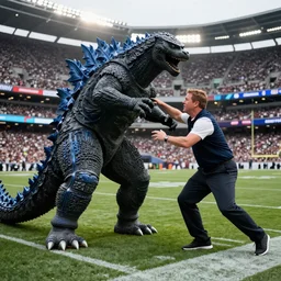 Godzilla attacking Gillette Stadium as coach Belichick desperately tries to defend it