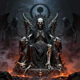 death metal god sitting on a throne of bones, black hole halo, demon ghosts around, lava mist, surreal, haunted, in the photographic style of james nachtwey, 8 k, detailed, ornate, complicated