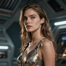 VFX movie of a futuristic space woman model gorgeous portrait in inhuman future spaceship, cyberpunk dress, beautiful natural skin natural lighting by Emmanuel Lubezki