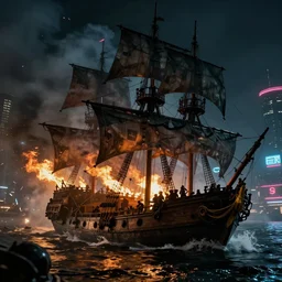 pirate ships at war at night, smoke, fire, chaos, photo realistic, 8k, artstation, Blade runner, neon signs in the distance, dark, cinematic, high contrast, epic