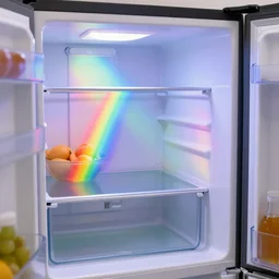 a rainbow lights and a portal inside a fridge