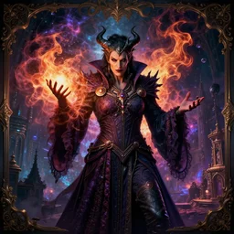 high fashion, beautiful mid body portrait of a middle aged, evil powerful wizard mage, intricate colorful cosmic uncontrollable smoke and firework magic battle, skyrim, witcher, rococo baroque gothic oriental eastern victorian cyberpunk city vista, concept art, artstation, style of artgerm