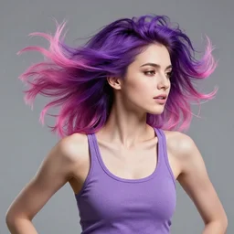 a award winning upper body portrait of a beautiful woman in a tanktop with a ombre purple pink hairstyle with head in motion and hair flying, outrun, vaporware, vivid colors, highly detailed, fine detail, intricate