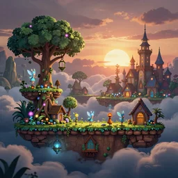 A fantastical village inhabited by fairies, side-scrolling 2d platformer game level, swirling clouds, fantasy magical vegetation, dramatic dusk sun illuminates areas, volumetric light , detailed, rich color, upscale , 8k