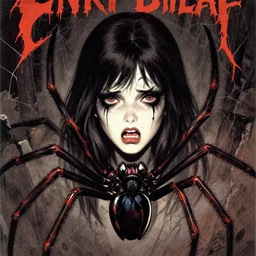 portrait of a extremely frightened beautiful spider girl vintage comic book cover, by enki bilal, 1 9 6 8, dramatic, noir, creepy, surreal, weird, incredible, photo real 7 0 4