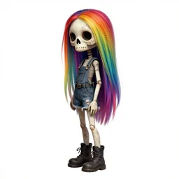 a grungy skull woman with rainbow hair, stitched together, soft eyes and narrow chin, dainty figure, long hair straight down, torn overalls, short shorts, combat boots, basic white background, side boob, symmetrical, single person, style of by jordan grimmer and greg rutkowski, crisp lines and color,