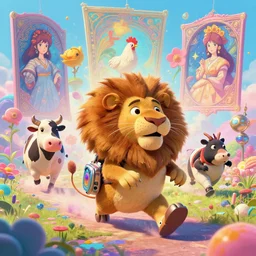a vibrant emotional digital 3 d cg of anthropomorphic cyborg rodent!!!!!! ( ( ( lion ) ) ) chicken cow traveling through portals of time, studio ghibli, pixar and disney animation, sharp, disney concept art maximalist splatter paint illustration by shinji kimura and alphonse mucha and alena aenami, iridescent pastel color palette, bloom!