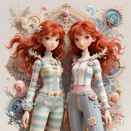 red haired twins wearing striped clothes:: by Martine Johanna and Simon Stålenhag and Chie Yoshii and Casey Weldon and Guillermo del toro :: ornate, dynamic, particulate, pastel colors, intricate, elegant, highly detailed, centered, artstation, smooth, sharp focus, octane render, 3d