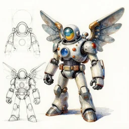 color pen and ink and pencil sketch character concept design game asset of sketches watercolor of a retro style jet pack with wings by Stanley Artgerm Lau, WLOP, Rossdraws, James Jean, Andrei Riabovitchev, Marc Simonetti, and Sakimichan, tranding on artstation , assets, character design, tending on pinterest, trending on cgtalk, trending on concept art, trending on character design